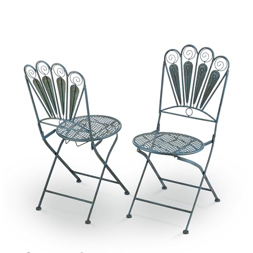 Alpine Corporation Indoor/Outdoor 3-Piece Peacock Feather Rustic Metal Bistro Set Patio Seating, Light Blue Alpine Corporation