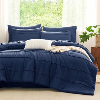 CozyLux Full Size Comforter Sets Navy Blue, 7 Pieces Soft Pinch Pleat Bed in a Bag Full Comforter Set with Sheets, Boho Bed Set with Down Alternative Comforter, Sheets, Pillowcases & Shams