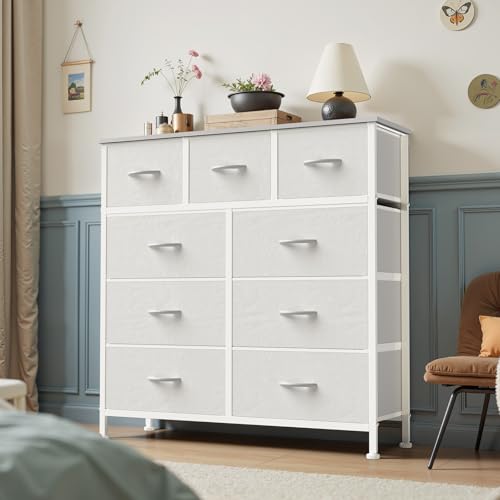 OLIXIS 9 Drawer Storage Dresser with Wood Top - Wide Fabric Chest Organizer for Bedroom, Closet, Living Room,Tower Cabinet, TV Stand, Hallway Entryway Furniture,Bright White OLIXIS