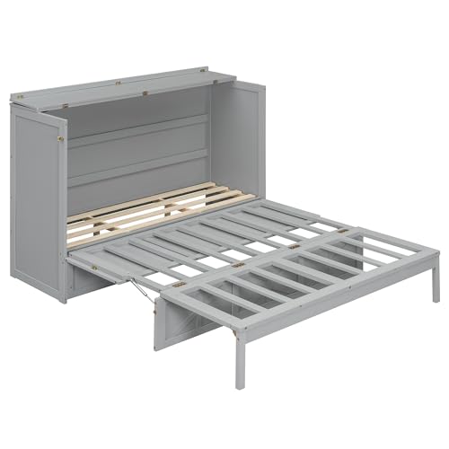 Virubi Queen Farmhouse Murphy Bed with Storage Drawer and Charging Station,Wood Folding Hidden Murphy Chest Bed Cabinet for Adults,Space Saving (Gray)