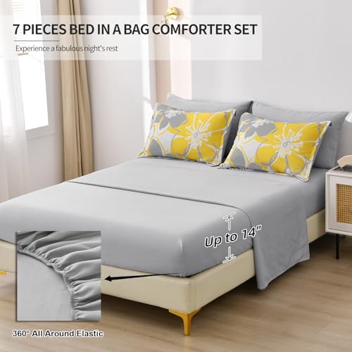 Anibedding Yellow Floral Comforter Set King Size 7 Pieces Reversible Bed in a Bag with Sheets Set for All Season, Soft Microfiber Complete Bedding Set King (104"x90") Anibedding