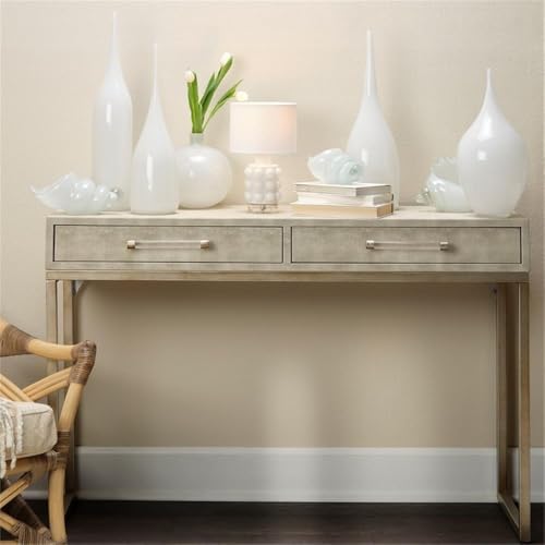 Eden Home 2-Drawer Faux Leather Console Table, Cream and Champagne Finish, 31" H x 48" W x 17" D, Clear Acrylic Handles, Iron Base, Transitional Style for Living Room or Entryway Storage Eden Home