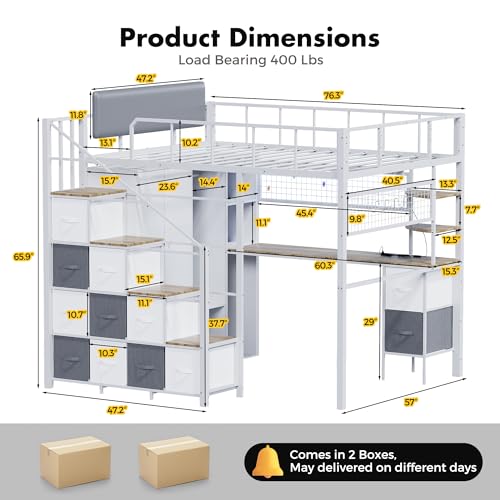 Kikihouse Full Size Loft Bed with Desk, Stairs & LED Light, Metal Gaming Loft Bed Frame with Headboard, Safety Guardrails, Charging Station, Closet and 12 Fabric Drawers, Space Saving, White and Oak Kikihouse