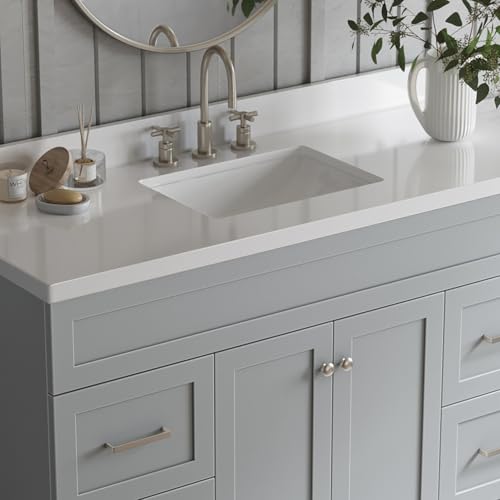 ARIEL 55" Grey Bathroom Vanity 1.5" Edge Pure White Quartz Countertop & Splash, Rectangular Sink, 2 Soft Closing Doors, 4 Full Extension Dovetail Drawers, Built in Toe Kick ARIEL