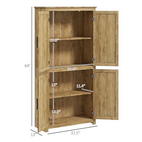 HOMCOM 64" Kitchen Pantry Storage Cabinet, Freestanding Kitchen Cabinet with 4 Rattan Doors, 4 Tier Shelves and Adjustable Shelf, Natural HOMCOM