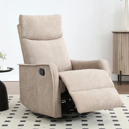 Trustyue Swivel Rocker Recliner Chair, 360° Swivel Recliner with Heat and Massage, Rocker Recliner Nursery Glider Chair with Side Pockets for Living Room (Khaki, Fabric)