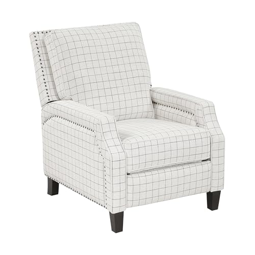 Lexicon Pushback Recliner Chair, Plaid Textured Fabric Armchair Push Back Reclining Chair, Nailhead Trim, Solid Wood Legs, Easy Assembly for Living Room/Office/Apartment, Off-White Lexicon