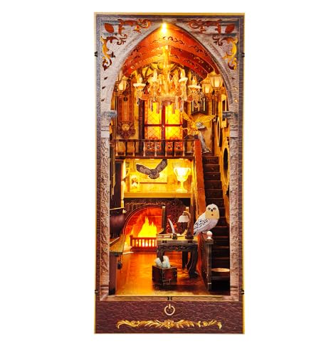 BELEEV Book Nook Kit - DIY Miniature Wooden Booknook with LED Lights, Dust Cover 3D Puzzle Bookend Bookshelf Decor Gift for Adults Teens - Magic Academy