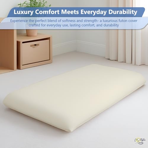 Cottington Lane Traditional Japanese Shikibuton Futon Cover, King Size Premium Cotton Zippered Floor Mattress Slipcover, Soft Durable, Ideal for Dorm Rooms, Guest Rooms, Ivory Cottington Lane