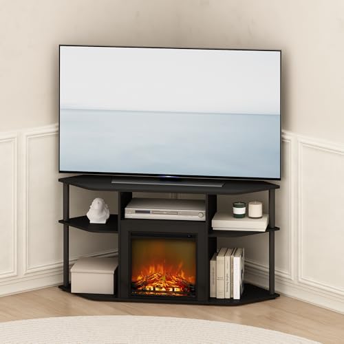 Furinno Jensen Fireplace TV Stand, NO Heat Decorative Electric Fireplace Corner Open Shelf TV Stand for TV up to 55 Inch, for Living Room, Dark Americano Furinno