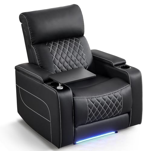 ANJ Power Recliner Chair with Adjustable Headrest, LED Lights & Detachable Tray Table, Faux Leather Electric Home Theater Seating with Cup Holders, USB,Hidden Arm Storage,GRS Certified,Black