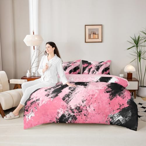 Feelyou Pink and Black Comforter Set with Sheets King Size Abstract Minimalist Bedding Set for Boys Girls Modern Geometric Bed in a Bag 7 Pieces Microfiber Feelyou