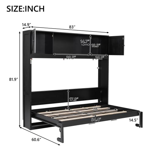 Full Horizontal Murphy Bed with Storage Cabinets,Solid Wood Farmhouse Hideaway Folding Farmhouse Murphy Wall Bed Cabinet with Storage Shelf for Adults MERITLINE