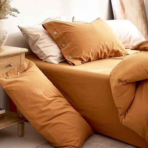 JELLYMONI 100% Washed Cotton Duvet Cover Full – Soft, Breathable Linen-Look Bedding with Natural Wrinkle Texture, Button Closure, 3-Piece Set (Amber Orange, 80"x90") JELLYMONI