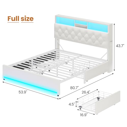 HAUOMS Full Size Bed Frame with Bookcase Headboard,LED Bed Frame with Charging Station, 4 Storage Drawer, Modern Velvet Upholstered Platform Bed with 5 Shelf, No Box Spring Needed, Creamy White HAUOMS