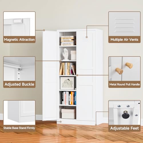 AFAIF Metal Storage Cabinet, 71'' Tall Storage Cabinet with 2 Doors and 5 Adjustable Shelves, Modern Pantry Cabinet for Kitchen, Living Room, Dining Room, Bathroom, White AFAIF