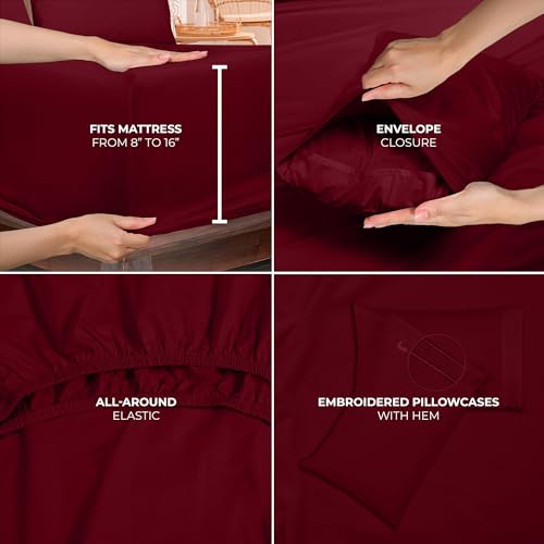 ROYALE LINENS 4 Piece Cal King Sheets Set - Soft Brushed 1800 Microfiber - 1 Fitted, 1 Flat Sheet, 2 Pillow Cases - Wrinkle Free & Fade Resistant - Hotel Luxury Bed Sheets (Burgundy, Cal King) ROYALE LINENS