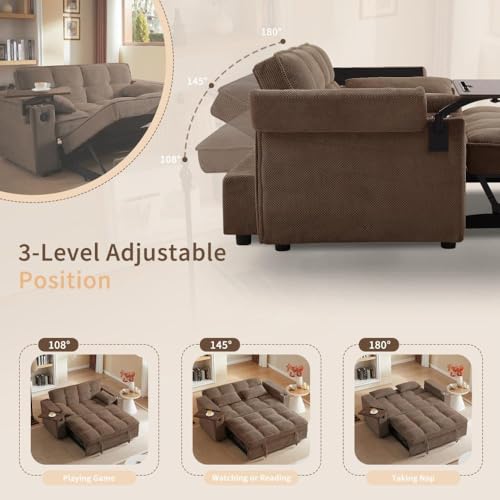 oaaktu Large Size Convertible Sleeper Sofa Bed,Polka dot Velvet Pull Out Futon Couch with Storage handrails & Rotating Side Tables,Convertible Sofa Couch for Living Room,RV (Coffee) oaaktu