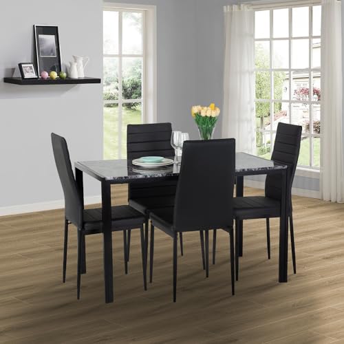 PayLessHere Dining Table and Chairs Set, Modern Rectangular Marble Table top with 4 Chairs PU Leather for Dining Room and Kitchen, Black Marble PayLessHere