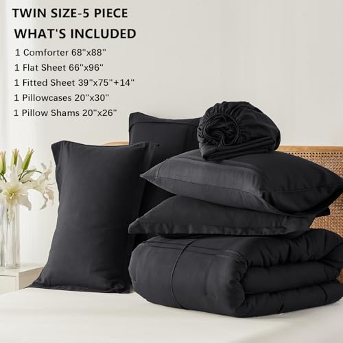 Yogeneg Twin Comforter Set 5 Piece Bed in a Bag,Grid Pinch Pleat Black Twin Bedding Set,Striped Textured Soft Microfiber Comforter with Sheet Set,All Season Complete Bed Set(Black,Twin) Yogeneg