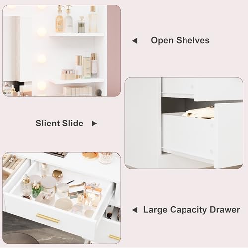 GarveeHome 61 in Make Up Vanity Desk with Mirror and Lights, White Vanity with 8 Wide Storage Drawers & 2 Tier Shelves, 3 Lighting Modes with Adjustable Brightness for Bedroom GarveeHome