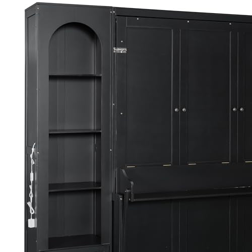 Hlcodca French Style Queen Size Murphy Bed with LED Lights & Storage Shelves - Wall Bed with Bookshelves, Drawers and Desk Space (Black2) Hlcodca