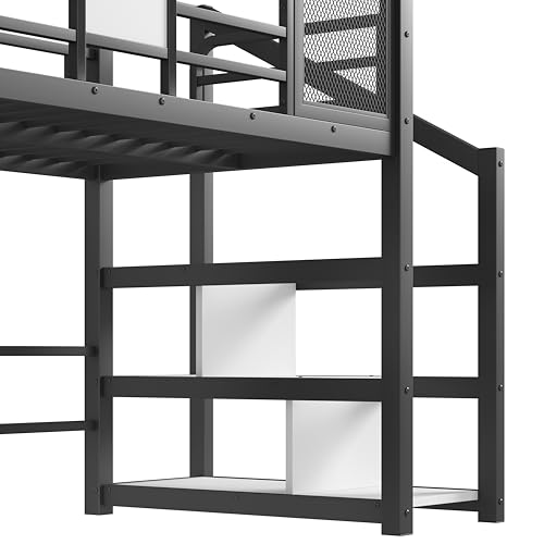 Bellemave Twin Size Metal House Loft Bed with Slide and Stairs,Heavy Duty Playhouse Loft Bed Frame with Storage Shelves for Kids,Teens,Adults,Black Bellemave