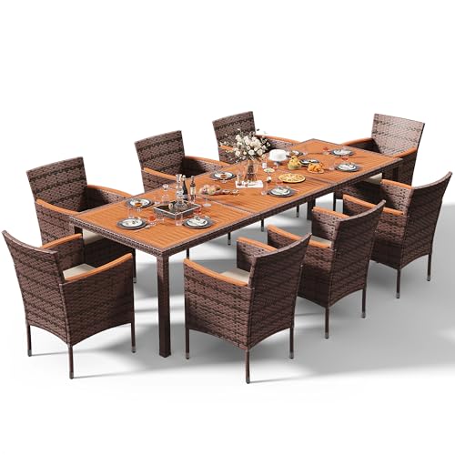 Devoko Outdoor Patio Dining Sets 9 Pieces Wicker Outdoor Dining Table and Chairs Set with Acacia Wood Table Top and Widened Armrests for Backyard, Garden, Deck (Brown) Devoko