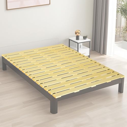 Japanese Tatami Mat Floor Bed, Knotless Solid Wood, Roll-Up Slatted Bed Plate with 2 Storage Straps, Moisture-Proof and Breathable for Floor Sleeping or Futon Mattress, Queen FHNI