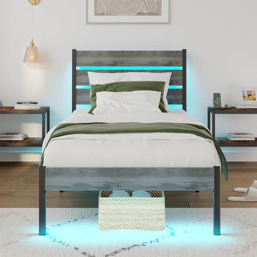 PUNICE Twin Size Bed Frame with Charging Station, LED Light Metal Bed Frame with Wooden Headboard, No Box Spring Required, No Noise, Easy Assembly, Light Grey PUNICE