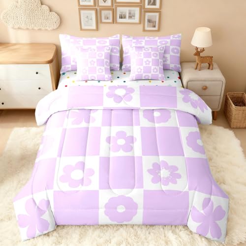 Feelyou Cute Flowers Checked Comforter Set Full 7 PCS Purple White Plaid Bedding Set for Kids Boys Girls Geometric Bed in a Bag with Comforter, Sheets, Pillowcases, Cushion Covers Bedroom Decor Feelyou