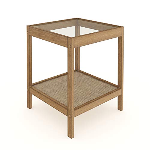 Nathan James 33301 Hayes Solid Wood Nightstand, Bedside, End or Side Table in Light Brown Wood Finish & Glass Top with Open Storage Shelf, 18 in x 18 Nathan James