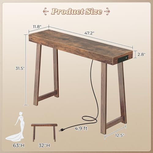 Huuger Entryway Console Table with Charging Station, USB-C Port, 47.2 Inch Sofa Table with Metal Legs, Entry Hallway Table with Thicker Desktop, Modern Behind Couch Table, Rustic Brown Huuger