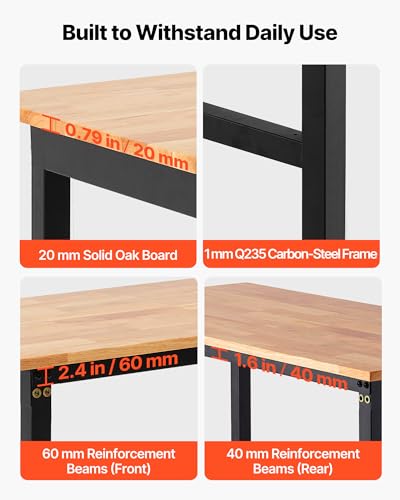 VEVOR Adjustable Workbench on Wheels, 1500 lbs Capacity, 48 x 24 Inch Oak Wood Top Workbench with 28.5-42.3 Inch Height Adjustment, Heavy-Duty Hardwood Worktable for Garage, Workshop, Home, Office VEVOR