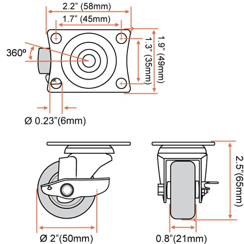 FactorDuty 8 Pack 2" Swivel Caster with Brake Wheels Hard Rubber Base w/Top Plate & Bearing (2" Combo-8 pcs) FactorDuty
