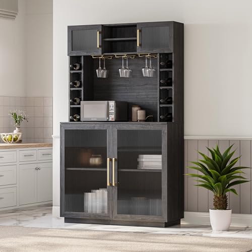 BELLEZE Coffee Wine Bar Cabinet with Power Outlet, 72" Rustic Liquor Cabinet, Tall Buffet Cabinet with Storage Kitchen Pantry Cupboard Wine& Glasses Rack Server with Hutch for Home Dining Room, Ebony BELLEZE