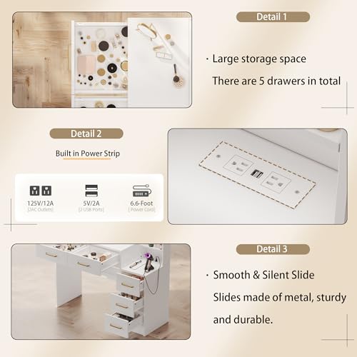 White Vanity Table with Drawer Dresser, Farmhouse Vanity Makeup Desk with Charging Station, Vanity Desk with Lights Mirror & Drawers for Makeup,Vanity Desk with Storage Shelf & 5 Drawers (Gold Handle) UGTOO