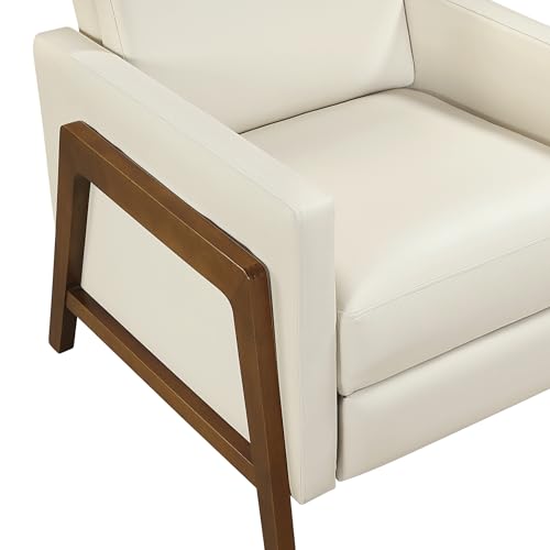 Lexicon Push Back Recliner Chair, Faux Leather Upholstered Reclining Chair with Footrest, Exposed Dark Brown Finish Wood Frame, Small Recliner for Small Space, Living Room, Bedroom, Light Beige