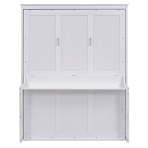 FAVSH Queen Size Murphy Bed with Shelf, Modern Solid Pine Wood Wall Bed, Space-Saving Hidden Bed,Fold-The-Way Bed for Bedroom,No Box Spring Needed,White FAVSH