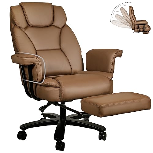 Sucrever Reclining Office Chair with Footrest, Big and Tall Home Office Desk Chairs 400lbs with High Back, Criss Cross Wide Seat, Heavy Duty Base, Pu Leather, Brown Sucrever