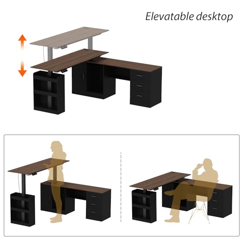 Homsee Home Office L Shaped Electric Standing Desk with Drawers and Shelves, Height Adjustable Stand up Desk, 63" Computer Executive Corner Table, Walnut & Black Homsee