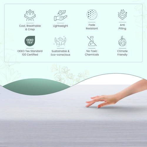 Feather & Stitch Softest 100% Cotton Sheets, 300 Thread Count Percale Weave Bedding, 16" Deep Pocket, Cooling Sheets, Breathable Bed Set, Hotel Premium Quality (Queen, Grey Stripe) FEATHER & STITCH NEW YORK