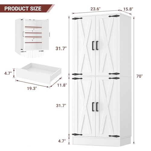 Unikito 71" Tall Kitchen Pantry Storage Cabinet with Farmhouse Barn Doors and Storage Drawer, 4 Adjustable Shelves, Freestanding Cupboard for Dining Room, Living Room, Utility Room, White Unikito