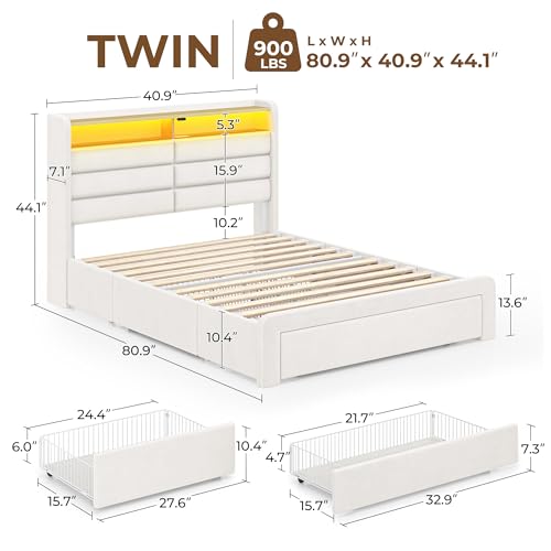 Seventable Twin Size Bed Frame with 3 Storage Drawers & Charging Station, Upholstered Platform Bed with Storage Headboard and LED Light, No Box Spring Needed, Noise Free, Easy Assembly, Cream White Seventable