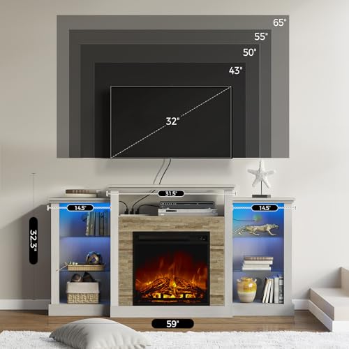 Rolanstar Fireplace TV Stand with LED Lights and Power Outlets, TV Console for 32" 43" 50" 55" 65", Entertainment Center with Adjustable Glass Shelves, Ivory White Rolanstar