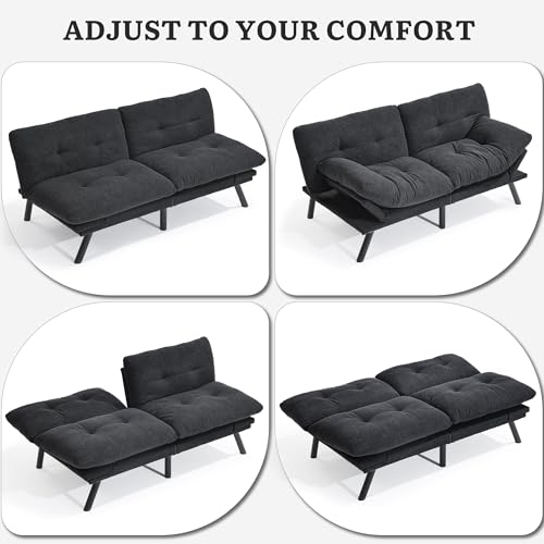 YITAHOME Convertible Futon Sofa Bed with Adjustable 3 Color Light Strip, 70" Folding Futon Set for Living Room Home Office Aprtment, Modern Futon Couch with Adjustable Backrest & Armrests, Black YITAHOME
