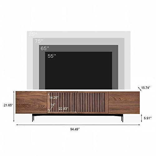 POVISON TV Stand, Solid Wood TV Cabinet for 80 85+ Inch TV, Assembly-Free 95'' Long TV Console for Living Room Bedroom, Modern Farmhouse Slatted POVISON
