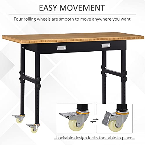 HOMCOM 59" Work Bench with Drawer, Height Adjustable Legs, Bamboo Tabletop Workstation Tool Table on Wheels for Garage, Weight Capacity 1320 Lbs, HOMCOM