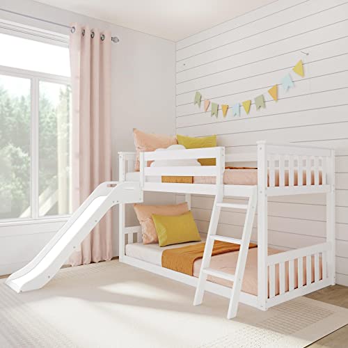 Max & Lily Solid Wood Twin Over Twin Size Low Bunk Beds for Kids with Slide and Ladder, 400 lbs Weight Capacity, 14" Safety Guardrail, Anti-Slip Steps, White Max & Lily
