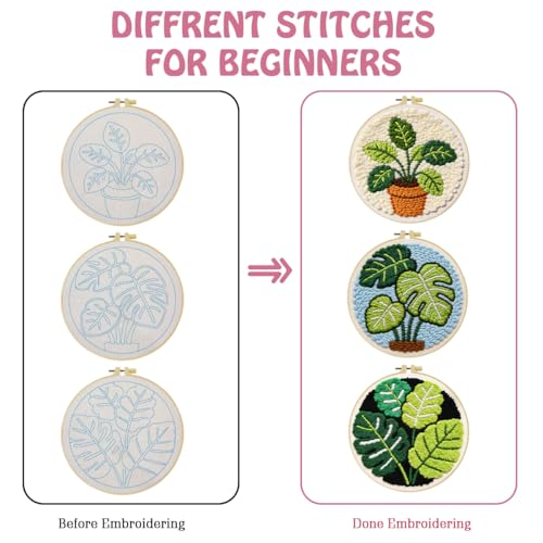 JOZYSH Green Plants of Various Shapes Punch Needle Kits for Beginner, DIY Punch Needle Kit Adults Beginner Include 3 Pre-Printed Fabrics, Embroidery Hoop, Threads, Craft Gifts and Decorations